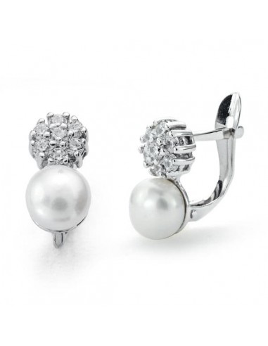 18K PENDIENTES ORO BLANCO PERLA-CIRCONITA 12X6 MM CIERRE CATALAN