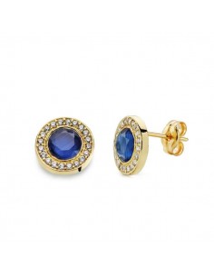 18K PENDIENTES ORO AMARILLO PIEDRA AZUL. 5MM CIRCONITA CIERRE PRESION