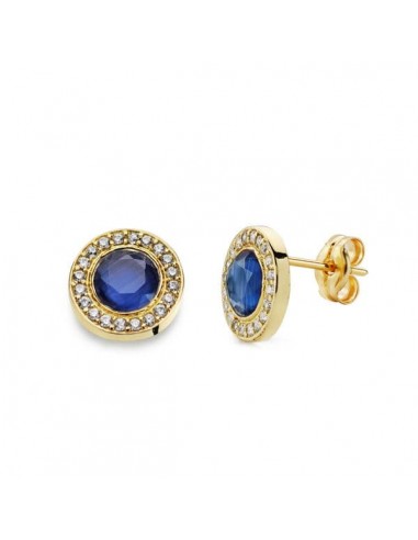 18K PENDIENTES ORO AMARILLO PIEDRA AZUL. 5MM CIRCONITA CIERRE PRESION