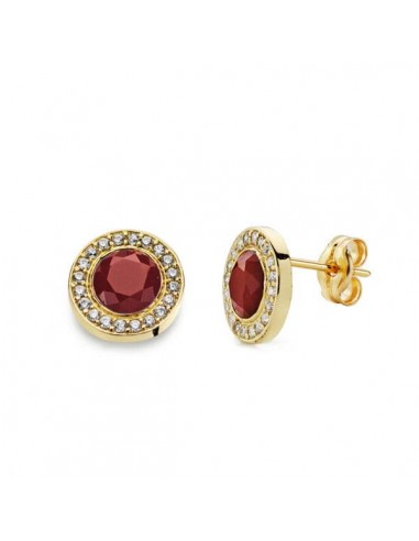 18K PENDIENTES ORO AMARILLO PIEDRA ROJA 5MM CIRCONITA CIERRE PRESION