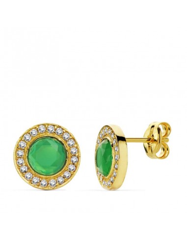 18K PENDIENTES ORO AMARILLO PIEDRA VERDE. 9 MM CIRCONITA CIERRE PRESION