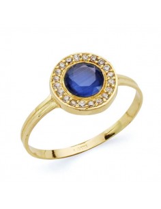 18K SORTIJA ORO AMARILLO MOTIVO REDONDO CON CIRCONITA AZUL Y BLANCAS. ANCHO: 9 MM