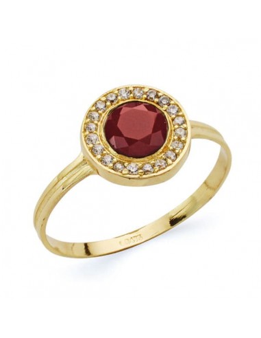 18K SORTIJA ORO AMARILLO REDONDO CON CIRCONITAS Y PIEDRA ROJA. MEDIDA: 9 MM