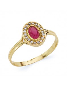 18K SORTIJA ORO AMARILLO OVAL CON CIRCONITAS Y PIEDRA ROJA. MEDIDA: 9X7 MM