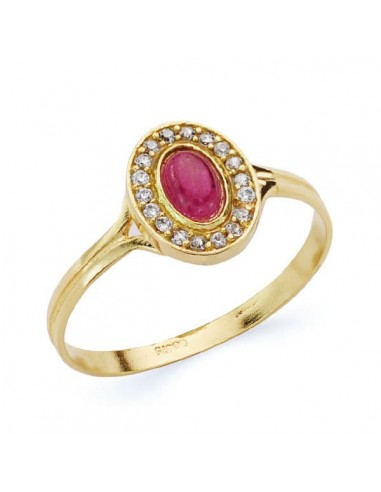18K SORTIJA ORO AMARILLO OVAL CON CIRCONITAS Y PIEDRA ROJA. MEDIDA: 9X7 MM