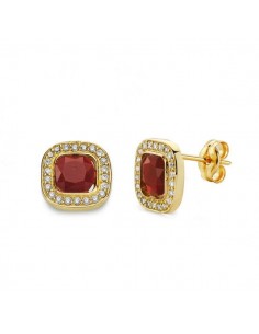18K PENDIENTES ORO AMARILLO PIEDRA ROJA 9X9 MM CIERRE PRESION