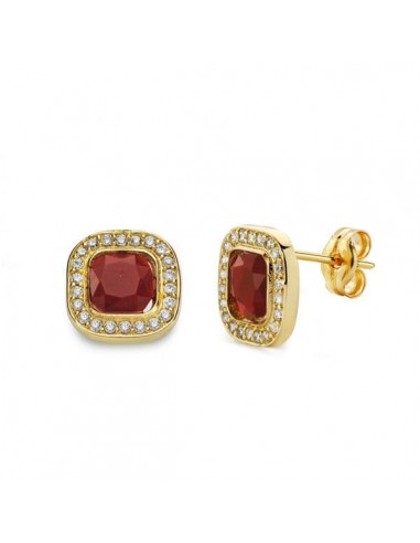 18K PENDIENTES ORO AMARILLO PIEDRA ROJA 9X9 MM CIERRE PRESION