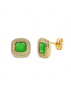 18K PENDIENTES ORO AMARILLO PIEDRA VERDE 9X9 MM CIERRE PRESION
