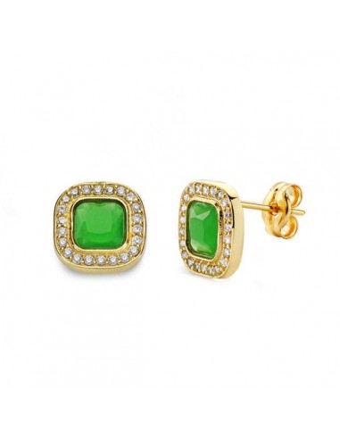 18K PENDIENTES ORO AMARILLO PIEDRA VERDE 9X9 MM CIERRE PRESION