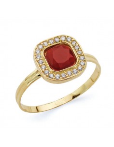 18K SORTIJA ORO AMARILLO CUADRADO CON CIRCONITAS ROJA Y BLANCAS. ANCHO: 9 MM