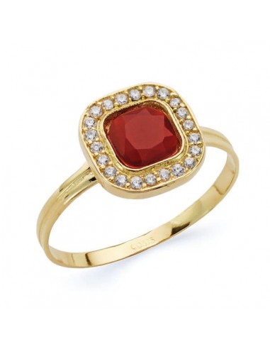 18K SORTIJA ORO AMARILLO CUADRADO CON CIRCONITAS ROJA Y BLANCAS. ANCHO: 9 MM