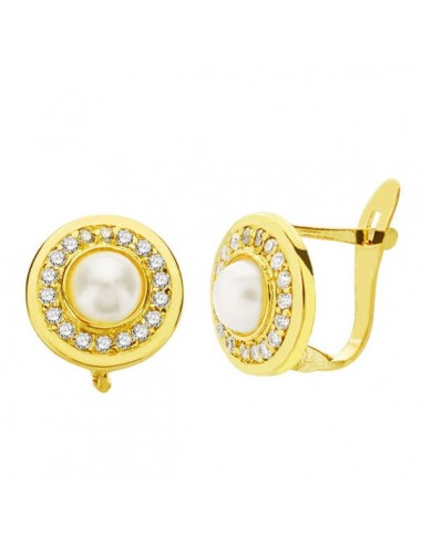 18K PENDIENTES ORO AMARILLO PERLA Y CIRCONITA 9 MM CIERRE CATALAN