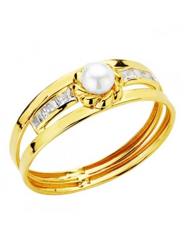 18K SORTIJA ORO AMARILLO DOBLE CUERPO CON PERLA DE 3 MM Y CIRCONITAS EN CARRIL. ANCHO: 6 MM