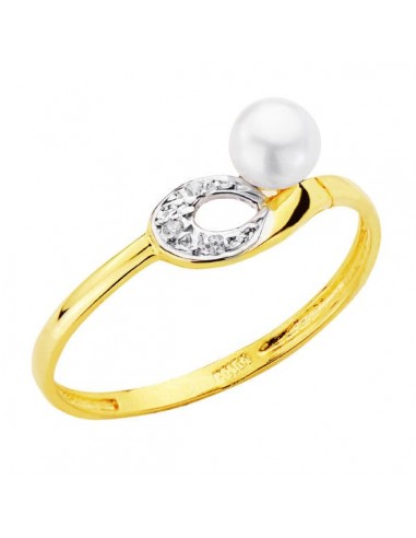 18K SORTIJA ORO BICOLOR MOTIVO CALADO CON PERLA DE 4 MM Y CIRCONITAS. ANCHO: 6 5 MM