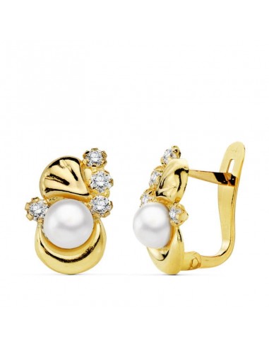 18K PENDIENTES ORO AMARILLO PERLA Y CIRCONITA 12X8 MM CIERRE CATALAN