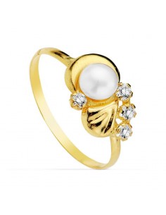 18K SORTIJA ORO AMARILLO MOTIVO CON PERLA 4MM Y CIRCONITAS. ANCHO: 7 5 MM