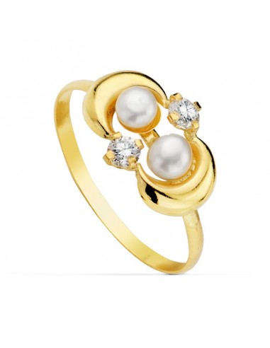 18K SORTIJA ORO AMARILLO MOTIVO CON DOS PERLAS Y CIRCONITAS. ANCHO: 7 5 MM