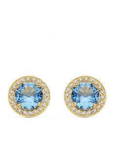 18K PENDIENTES ORO AMARILLO PIEDRA  AZUL CLARO 9 MM CIRCONITA CIERRE PRESION
