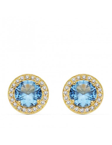 18K PENDIENTES ORO AMARILLO PIEDRA  AZUL CLARO 9 MM CIRCONITA CIERRE PRESION