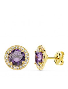 18K PENDIENTES ORO AMARILLO PIEDRA AMATISTA CIRCON. 9 MM CIERRE PRESION