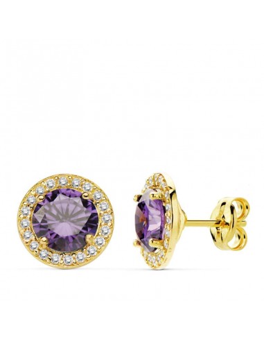 18K PENDIENTES ORO AMARILLO PIEDRA AMATISTA CIRCON. 9 MM CIERRE PRESION