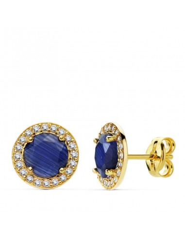 18K PENDIENTES ORO AMARILLO PIEDRA AZUL CIRCONITA 9 MM CIERRE PRESION