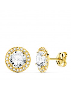 18K PENDIENTES ORO AMARILLO REDONDOS CIRCONITA 9 MM CIERRE PRESION