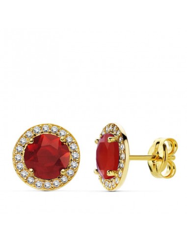 18K PENDIENTES ORO AMARILLO PIEDRA ROJA CIRCONITA 9 MM CIERRE PRESION