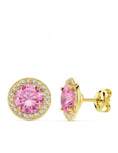 18K PENDIENTES PIEDRA ROSA CIRCONITA 9 MM CIERRE PRESION