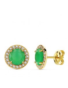 18K PENDIENTES ORO AMARILLO PIEDRA VERDE CIRCONITA 9 MM CIERRE PRESION