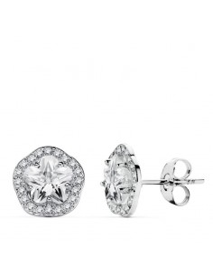18K PENDIENTES ORO BLANCO FLOR Y CIRCONITA 9 MM CIERRE PRESION