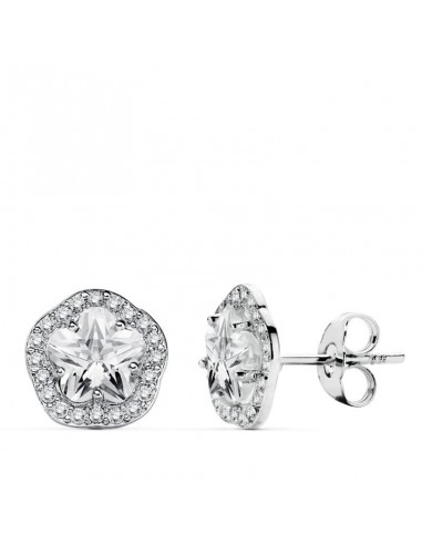 18K PENDIENTES ORO BLANCO FLOR Y CIRCONITA 9 MM CIERRE PRESION