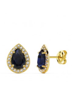 18K PENDIENTES ORO AMARILLO PIEDRA AZUL CIRCNONITAS 10X8 MM CIERRE PRESION