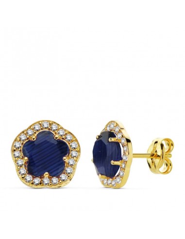 18K PENDIENTES ORO AMARILLO FLOR PIEDRA AZUL. 9X9 MM CIERRE PRESION
