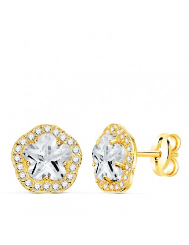 18K PENDIENTES ORO AMARILLO FLOR CIRCONITA GARRAS 9X9 MM CIERRE PRESION