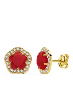 18K PENDIENTES ORO AMARILLO FLOR PIEDRA ROJA 9X9 MM CIERRE PRESION