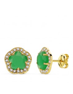 18K PENDIENTES ORO AMARILLO FLOR PIEDRA VERDE. 9X9 MM CIERRE PRESION