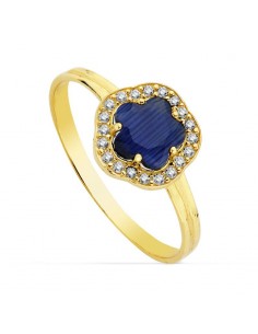 18K SORTIJA ORO AMARILLO CON CIRCONITA FLOR AZUL. ANCHO: 9 X 9 MM