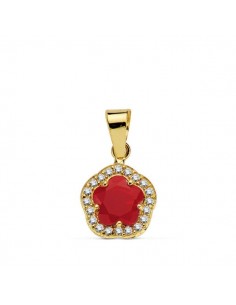 18K COLGANTE ORO AMARILLO FLOR PIEDRA ROJA 9 X9 MM