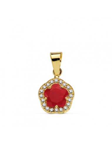 18K COLGANTE ORO AMARILLO FLOR PIEDRA ROJA 9 X9 MM