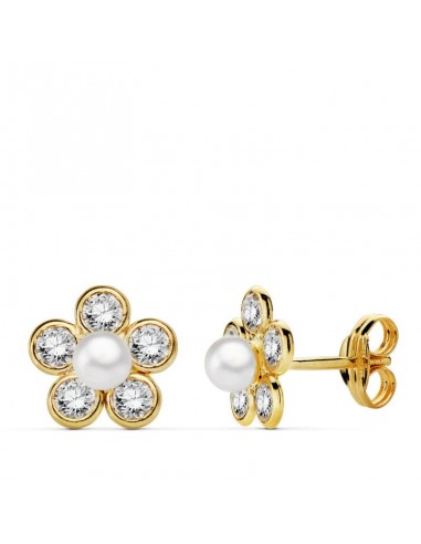 18K PENDIENTES ORO AMARILLO FLOR CIRCONITA 9X9 MM CIERRE PRESION
