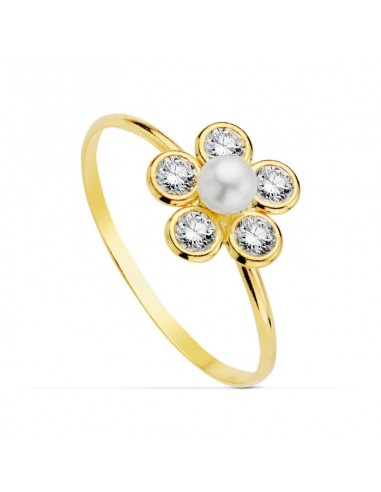 18K SORTIJA ORO AMARILLO FLOR CIRCONITAS CON PERLA DE 3MM. ANCHO: 9X9 MM