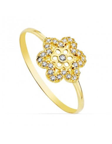 18K SORTIJA ORO AMARILLO FLOR CALADA CON CIRCONITAS. ANCHO: 9 MM