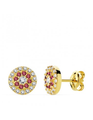 18K PENDIENTES ORO AMARILLO PIEDRAS ROJAS 7 MM CIERRE PRESION