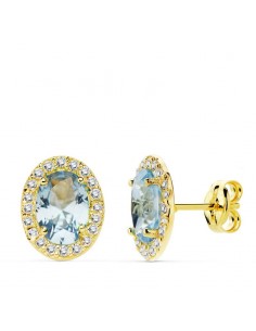 18K PENDIENTES ORO AMARILLO PIEDRA AZUL CLARO OVAL CIRCONITA 10X8 MM