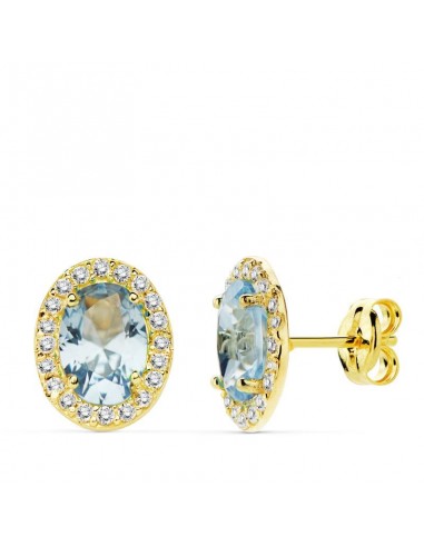 18K PENDIENTES ORO AMARILLO PIEDRA AZUL CLARO OVAL CIRCONITA 10X8 MM