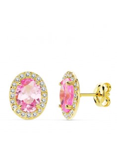 18K PENDIENTES ORO AMARILLO PIEDRA ROSA OVAL CIRCONITA 10X8 MM CIERRE PRESION