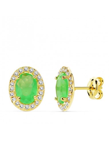18K PENDIENTES ORO AMARILLO PIEDRA VERDE OVAL CIRCONITA 10X8M CIERRE PRESION