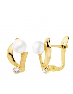 18K PENDIENTES ORO AMARILLO OCIRCONITA 11X7 MM PERLAS 4 MM CIERRE CATALAN