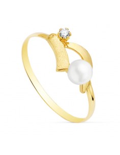 18K SORTIJA ORO AMARILLO HOJAS CON CIRCONITA Y PERLA DE 4 MM
